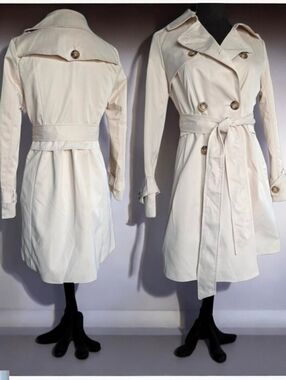 NWT R.J. STORY (SM) Off White/Creme Double Breasted Tie Spring/Rain Coat